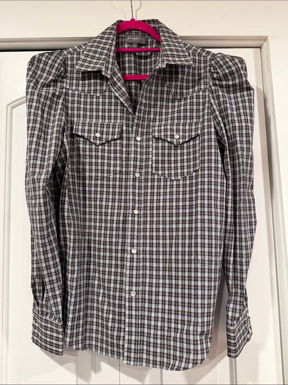 Greyson Plaid western snap Down Shirt puff sleeves large